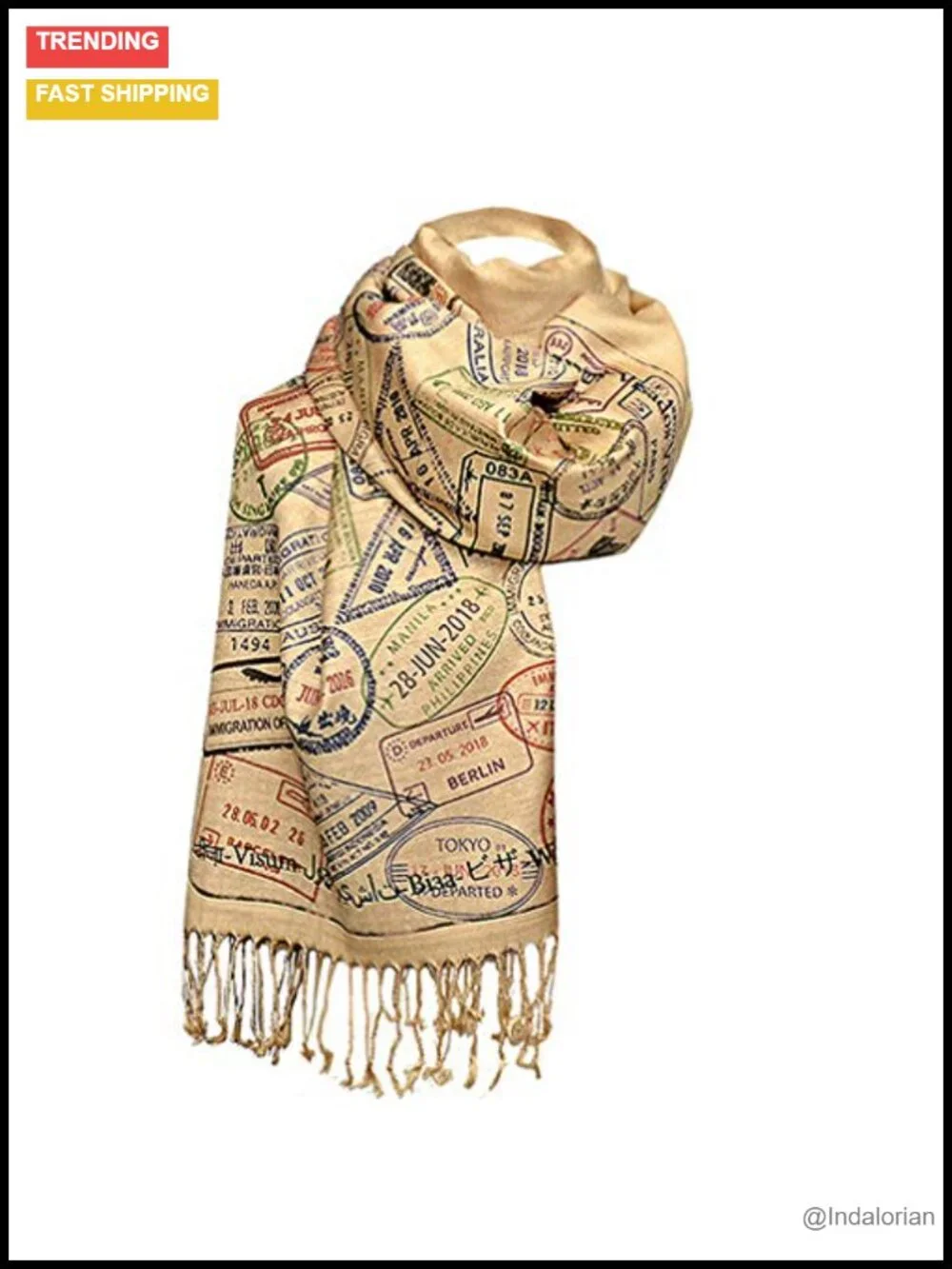 Acrylic Shawl Scarf with Passport Stamps Travel Gift 72